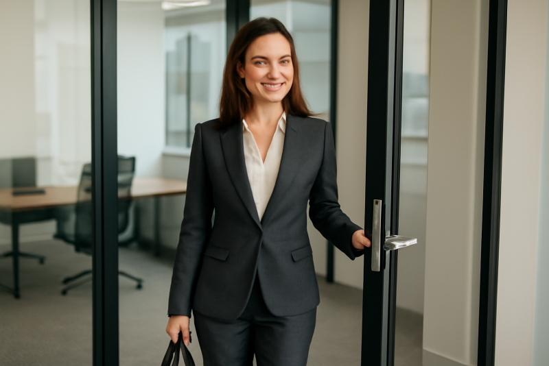 femme en tailleur moderne entrant dans bureau