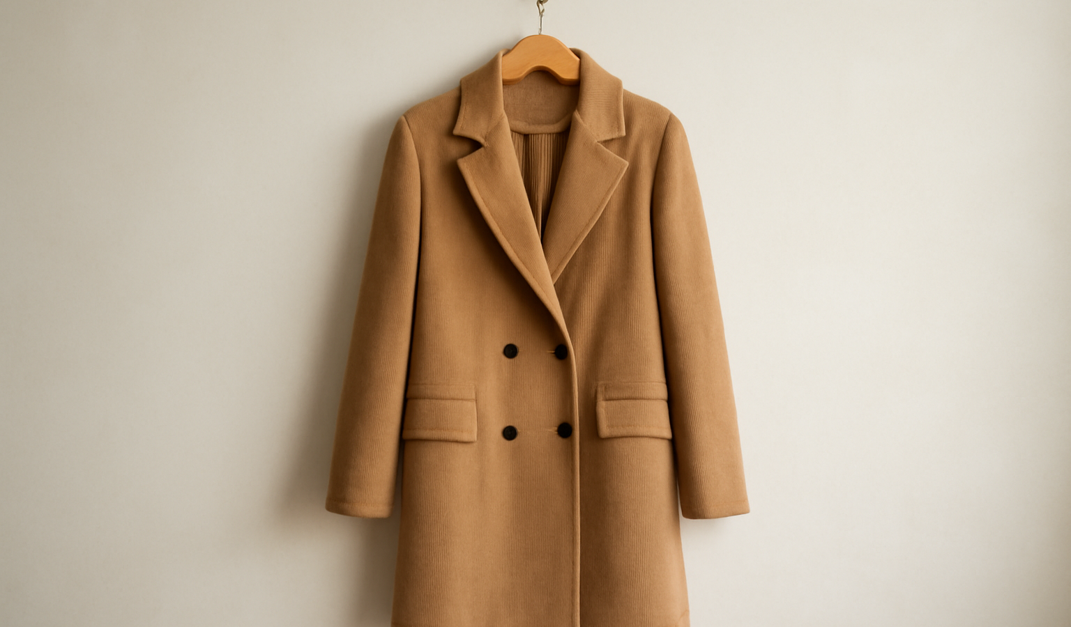 manteau long posé sur portemanteau neutre