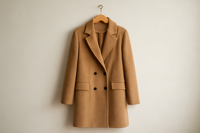 manteau long posé sur portemanteau neutre