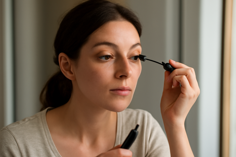 femme appliquant du mascara devant miroir