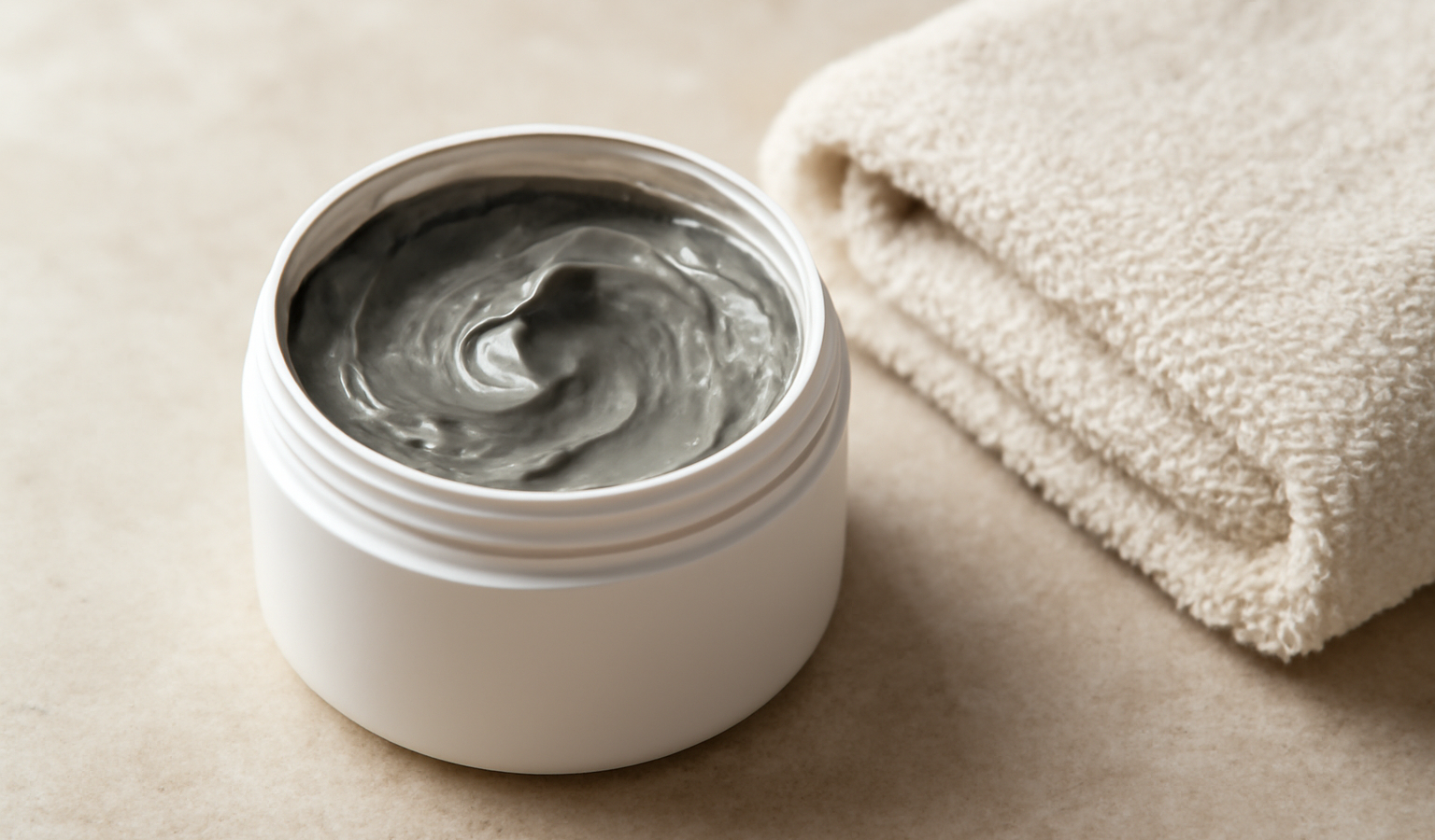 pot de masque ouvert à côté d'une serviette