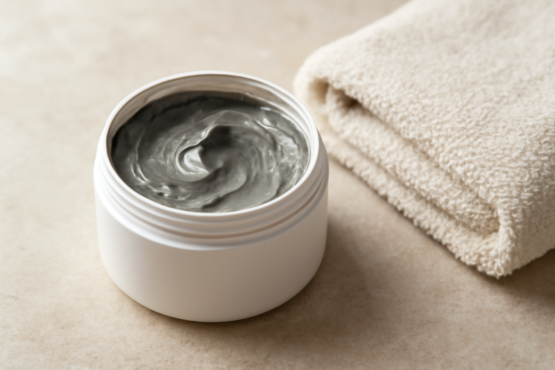 pot de masque ouvert à côté d'une serviette