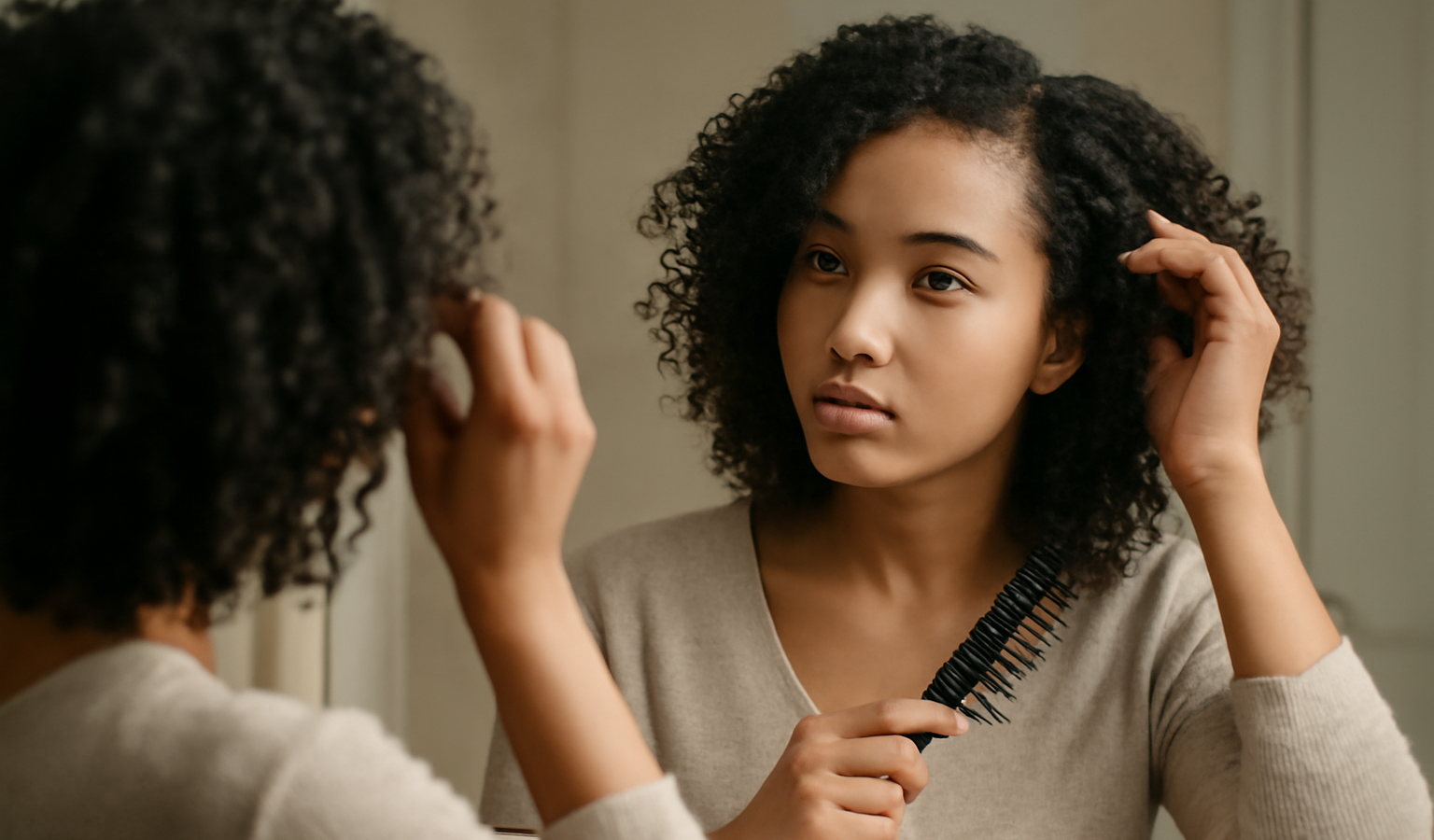 femme modelant ses boucles devant un miroir