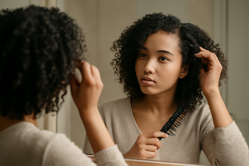 femme modelant ses boucles devant un miroir
