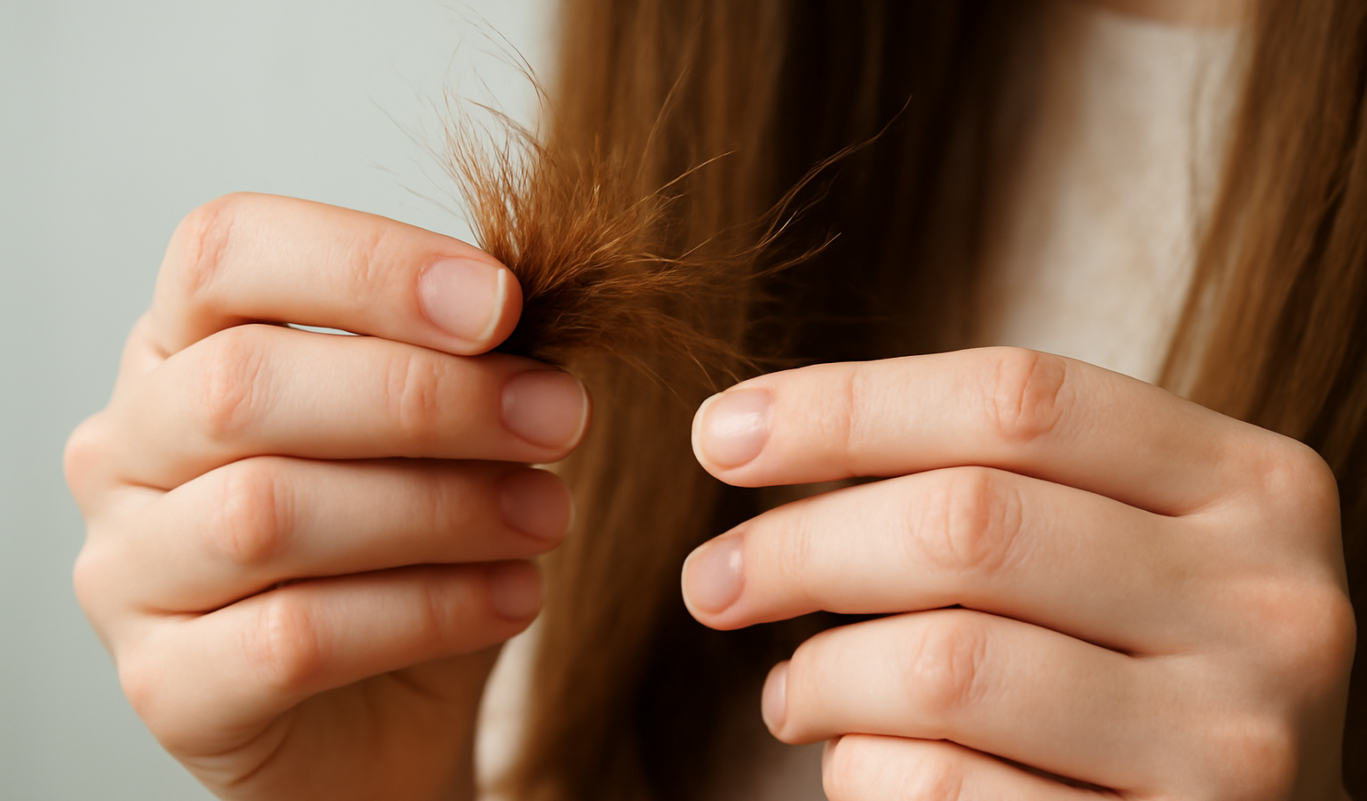 mains examinant pointes de cheveux abîmés