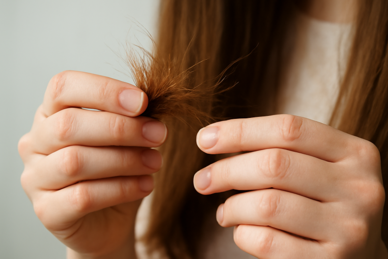 mains examinant pointes de cheveux abîmés
