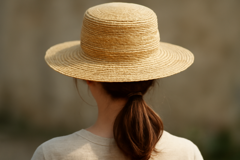 cheveux attachés sous chapeau de paille