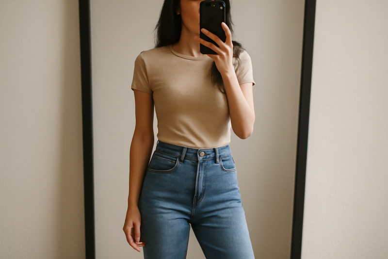 femme portant jean taille haute devant miroir
