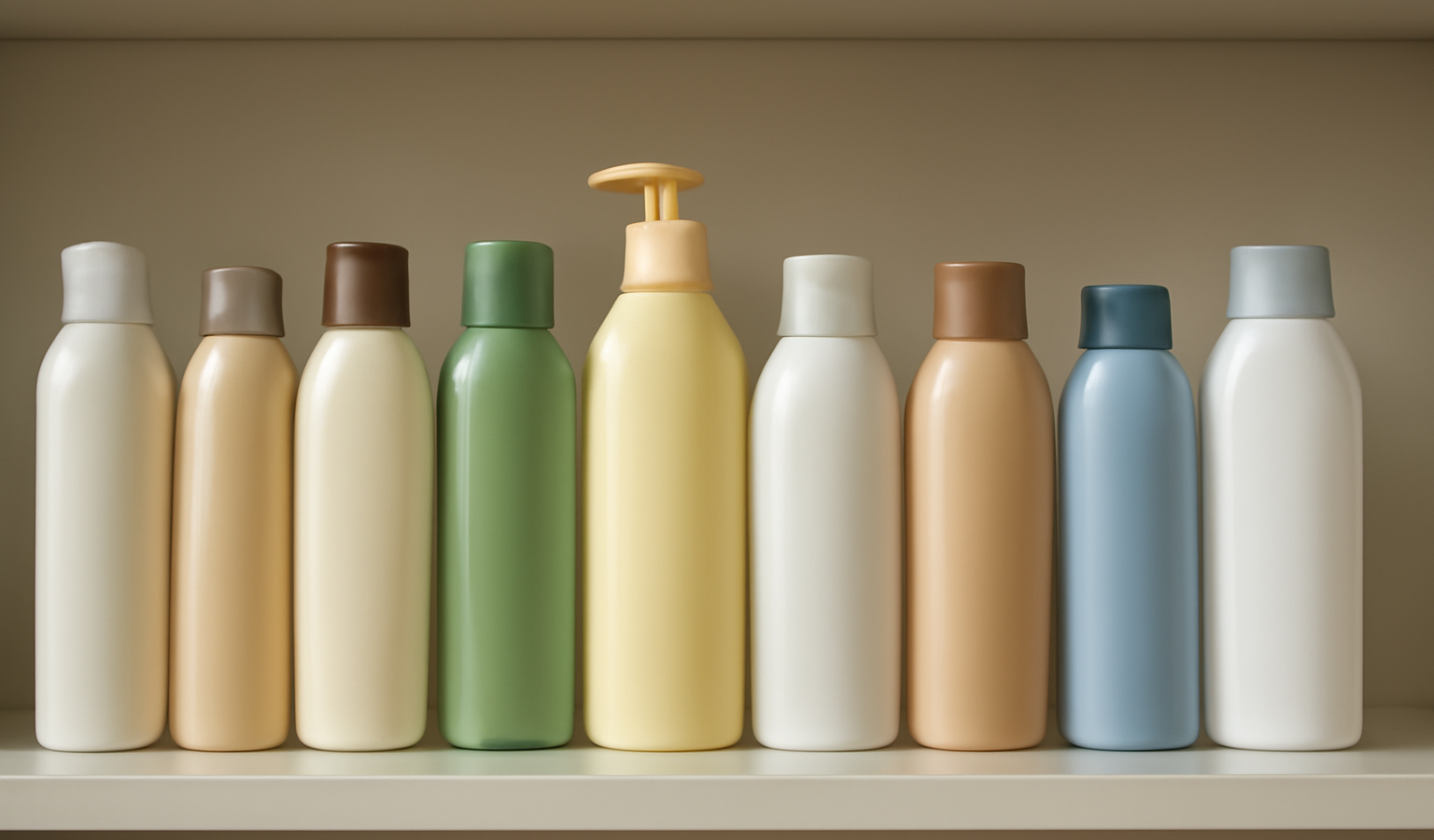 bouteilles de shampoings alignees sur etagere