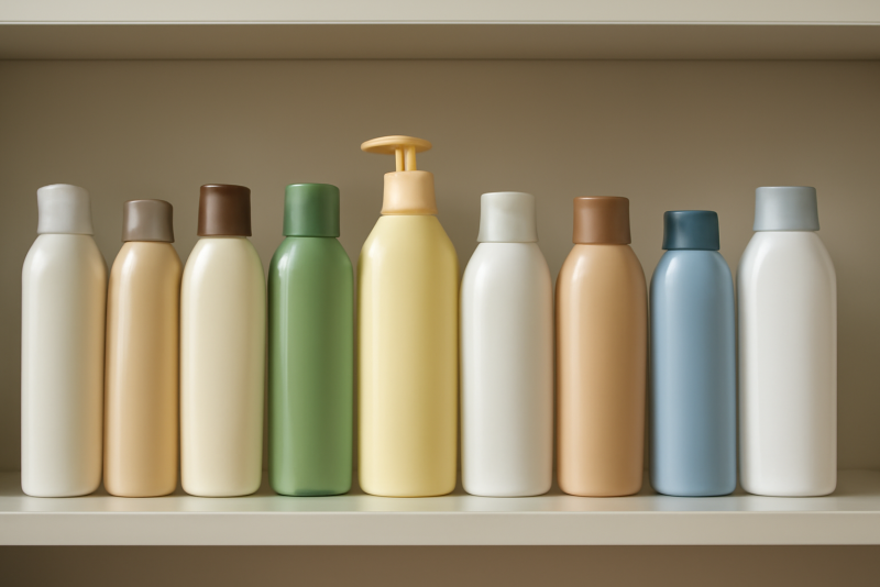 bouteilles de shampoings alignees sur etagere