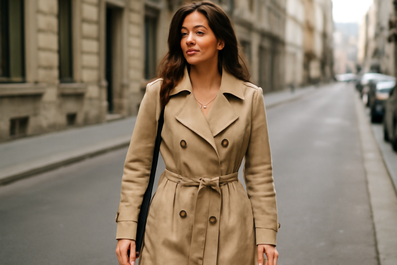 femme portant un trench beige en rue