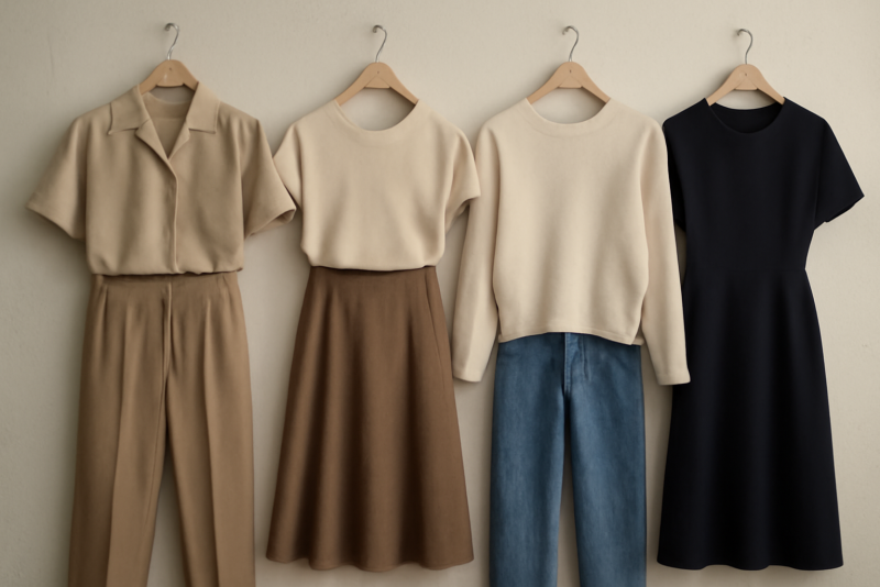 tenues rétro et minimalistes exposées côte à côte