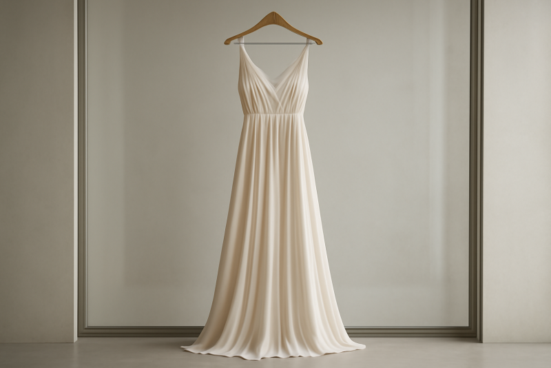 robe longue fluide suspendue en vitrine neutre