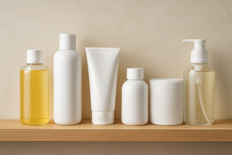 produits essentiels alignés sur une étagère