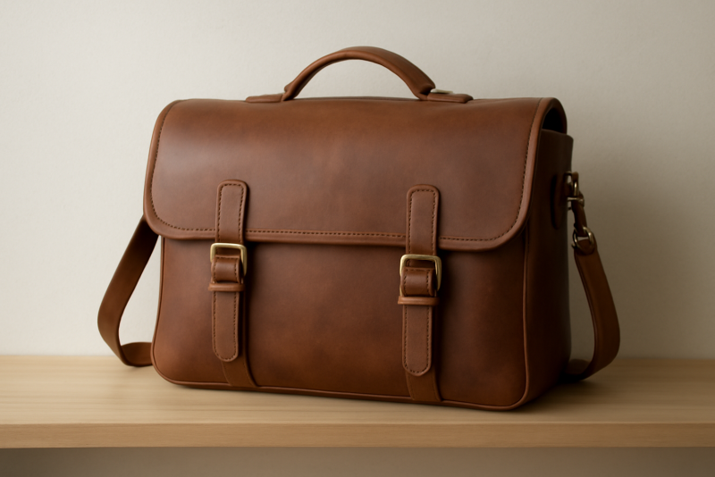 sac en cuir pose sur etagere neutre