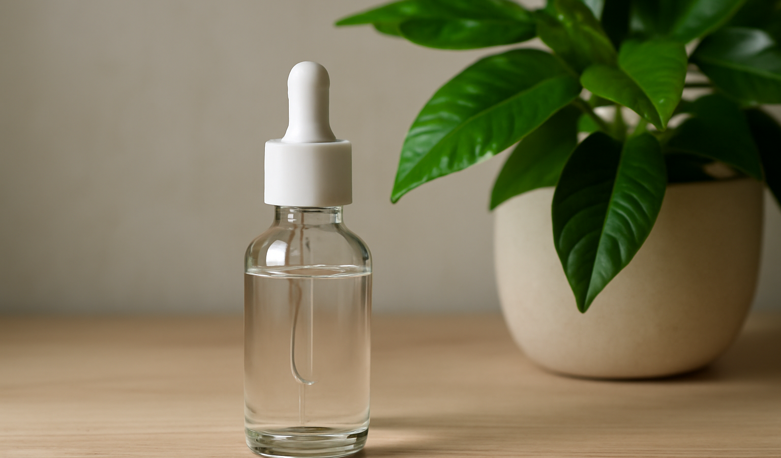 flacon-serum posé près d'une plante verte