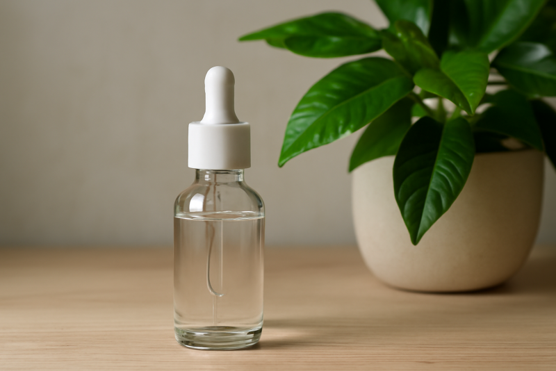 flacon-serum posé près d'une plante verte