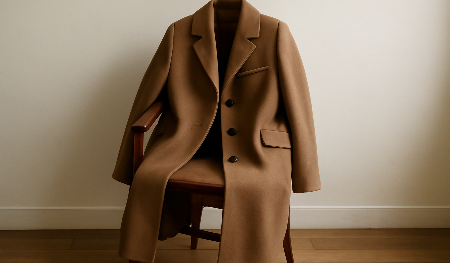 manteau long posé sur chaise en bois