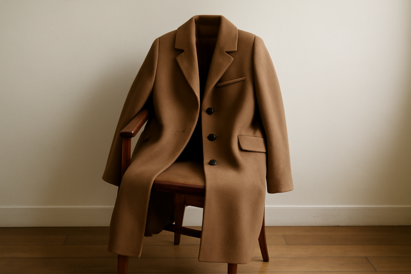 manteau long posé sur chaise en bois