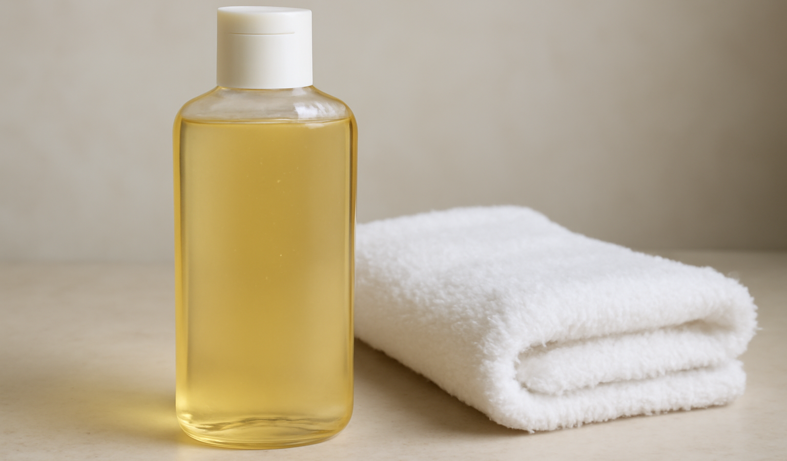 flacon de shampoing près d'une serviette blanche