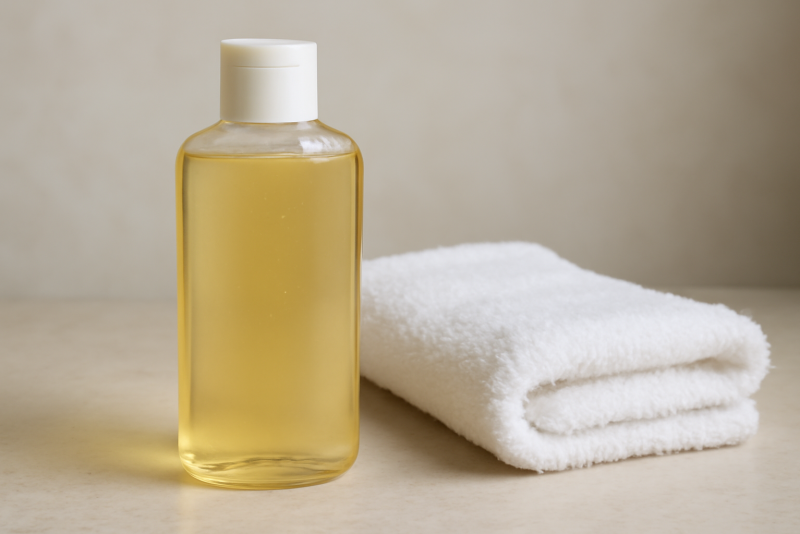 flacon de shampoing près d'une serviette blanche