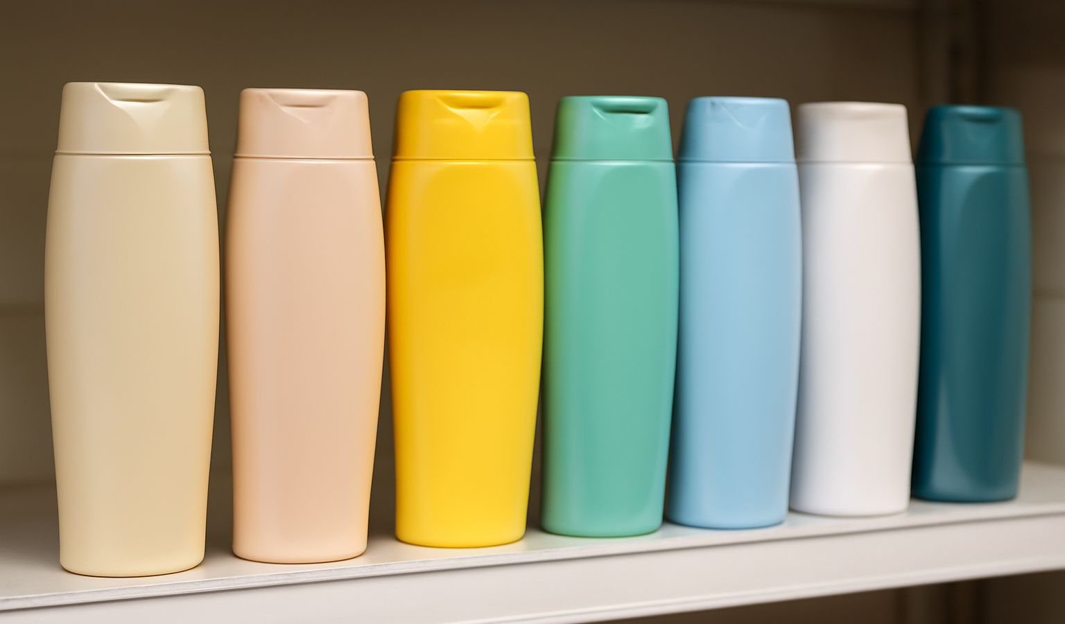 bouteilles de shampooing alignées sur étagère