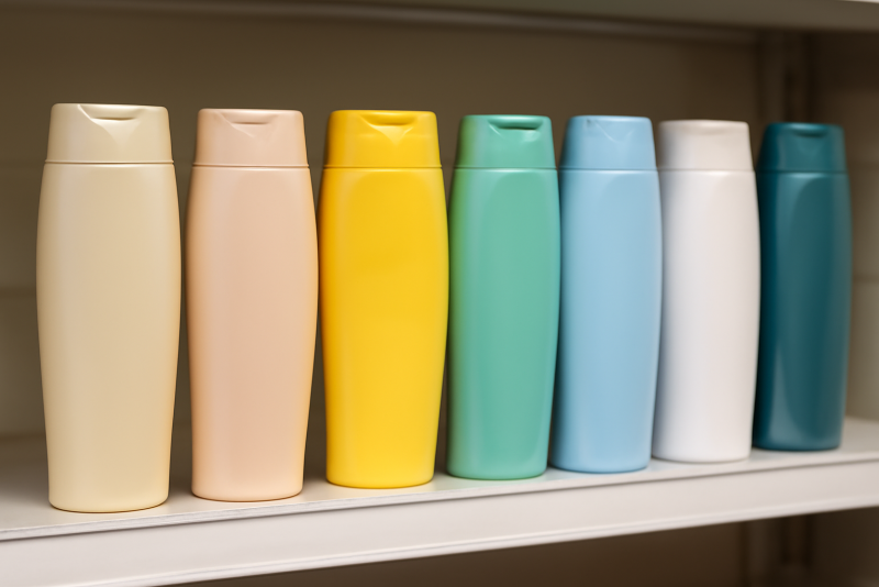 bouteilles de shampooing alignées sur étagère
