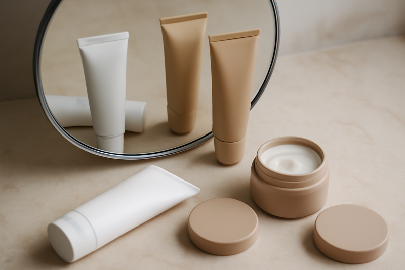 tubes de soin disposés près d'un miroir