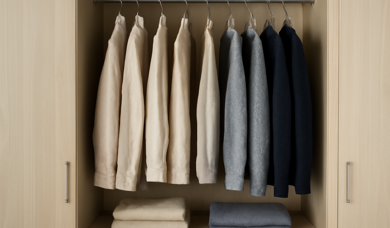 armoire ouverte avec vêtements similaires