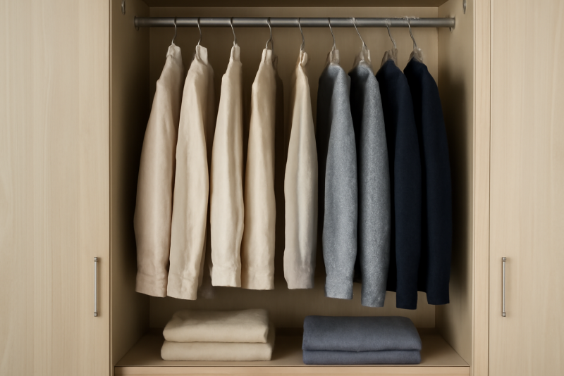 armoire ouverte avec vêtements similaires