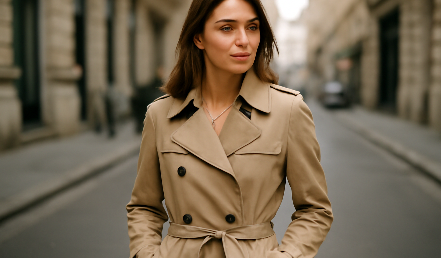 femme portant un trench beige en ville