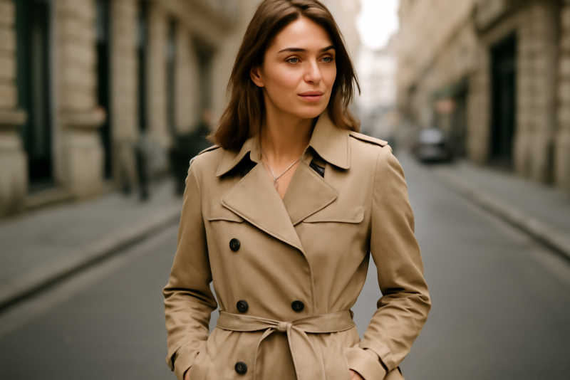 femme portant un trench beige en ville