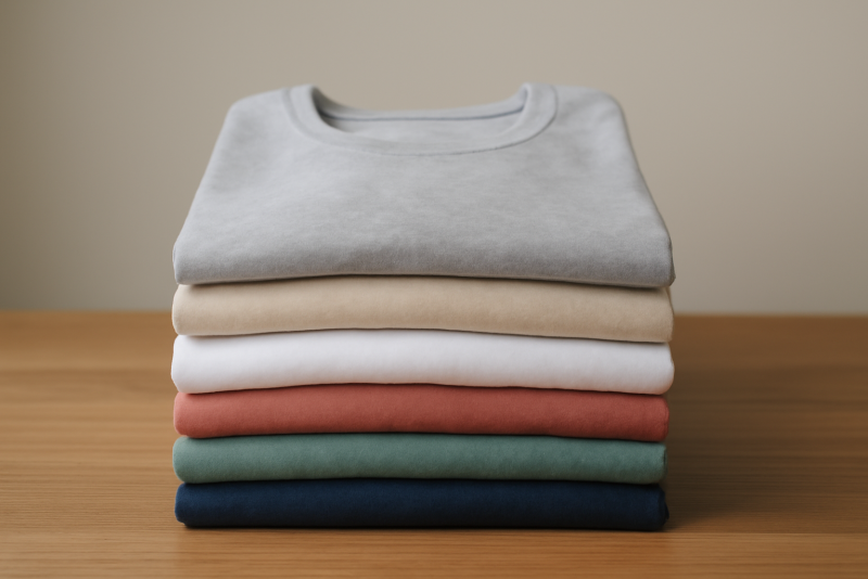 pile de t-shirts pliés sur table