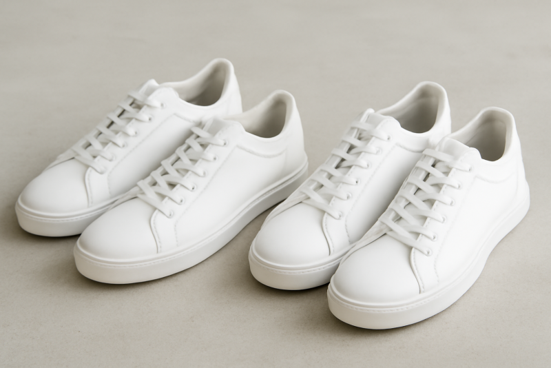 deux paires de baskets blanches posees cote a cote