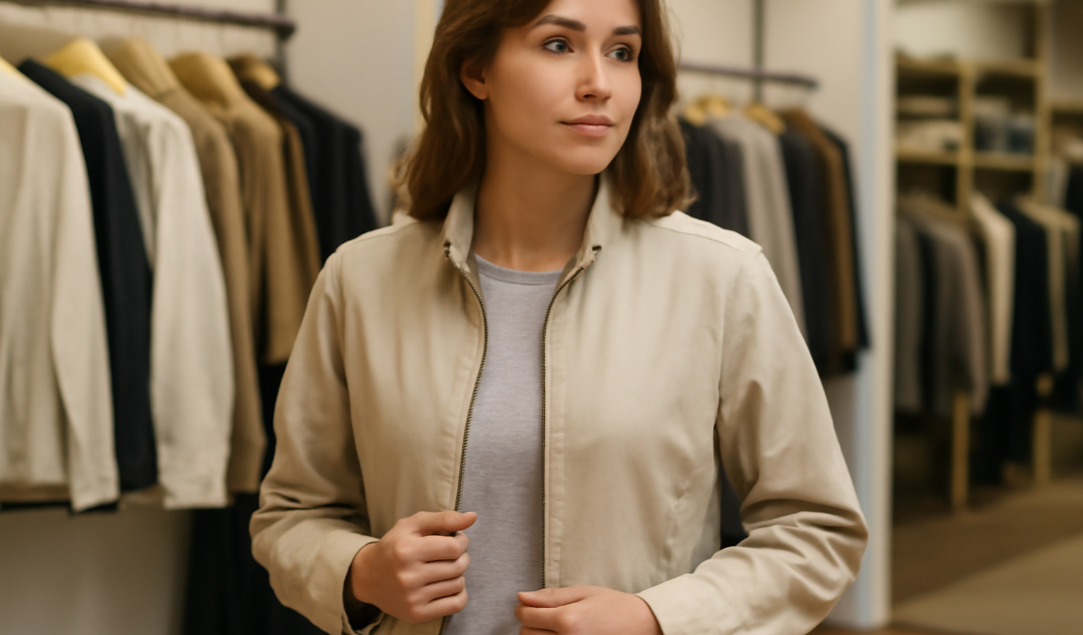 femme essayant une veste légère en boutique