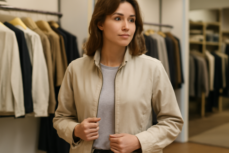 femme essayant une veste légère en boutique