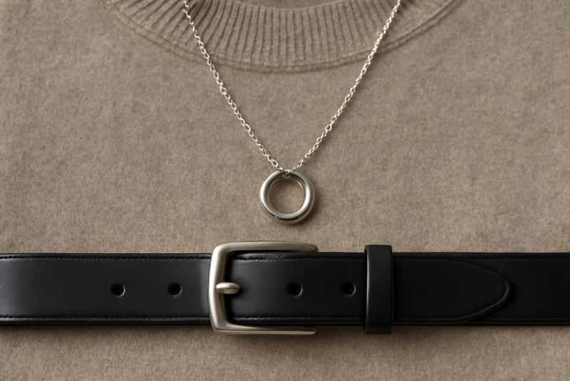 collier et ceinture posés sur pull uni