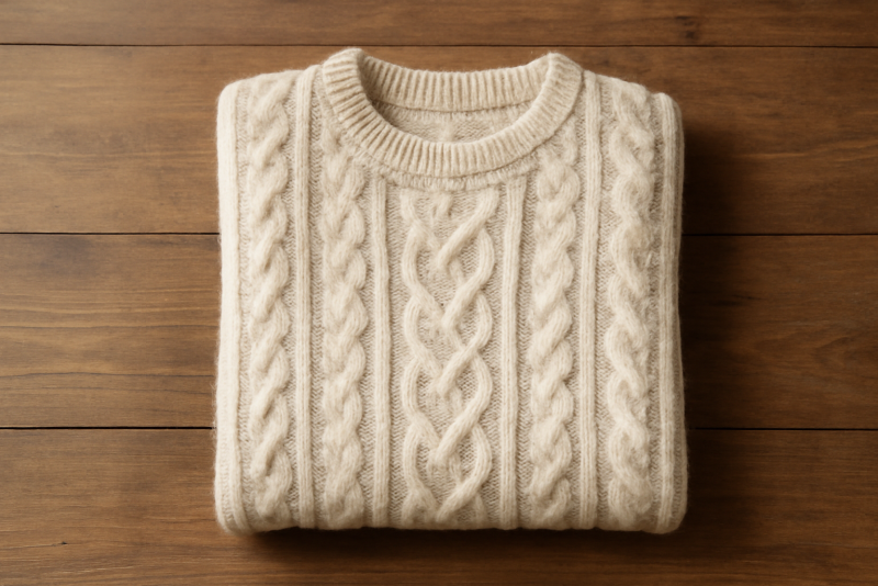 pull en laine posé sur table en bois