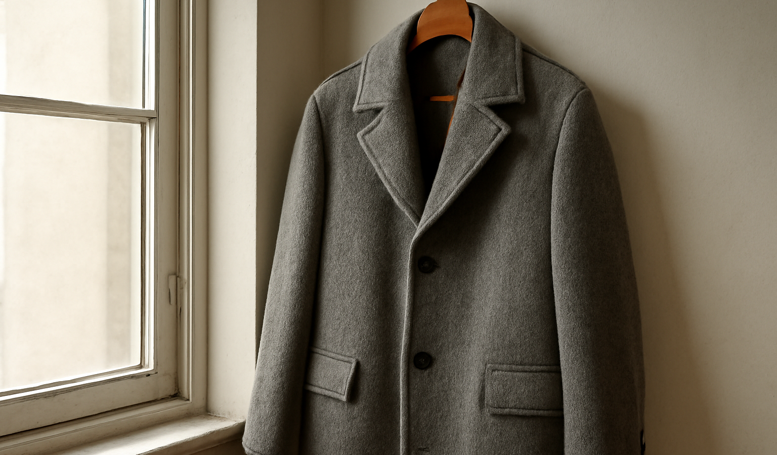 manteau en laine suspendu près d'une fenêtre