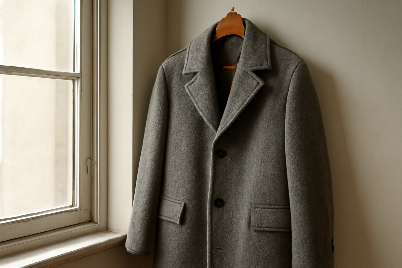 manteau en laine suspendu près d'une fenêtre