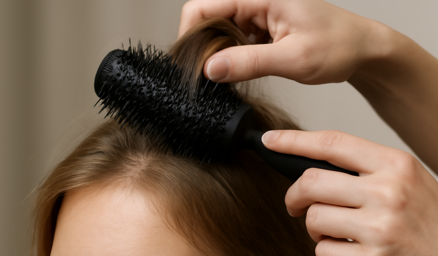 mains coiffant cheveux fins avec brosse ronde