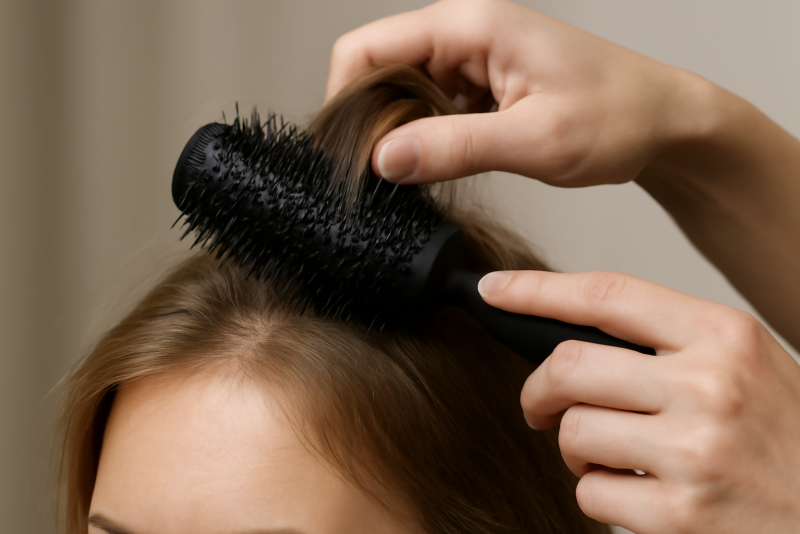 mains coiffant cheveux fins avec brosse ronde