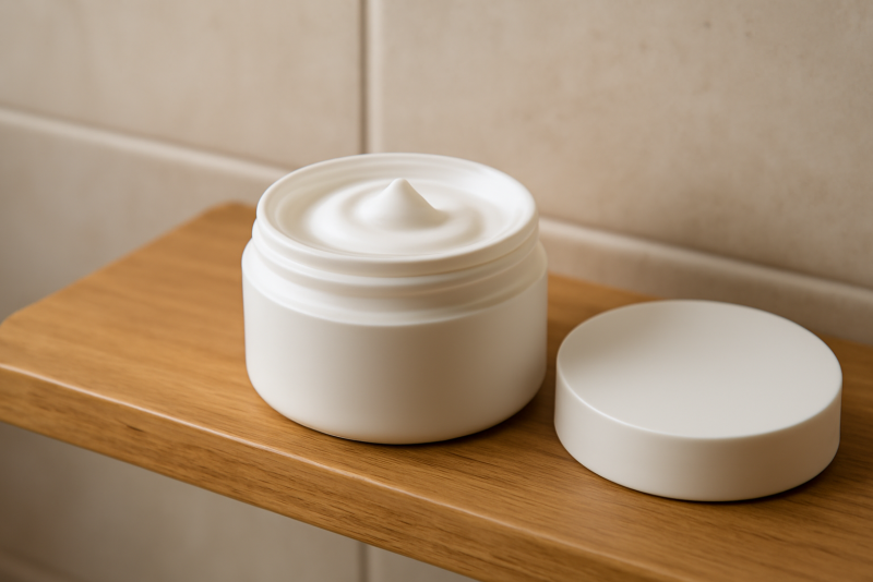 pot de crème posé sur une étagère