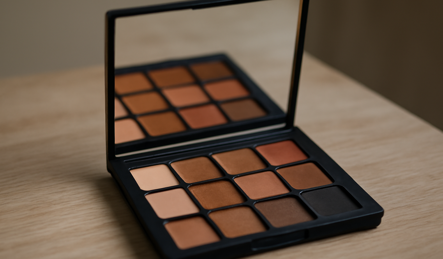 palette de fards ouverts pres d'un miroir