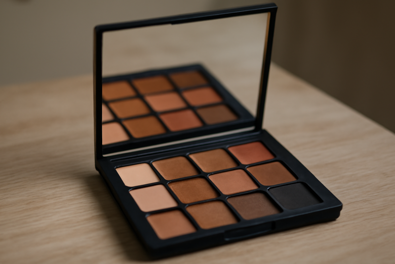 palette de fards ouverts pres d'un miroir