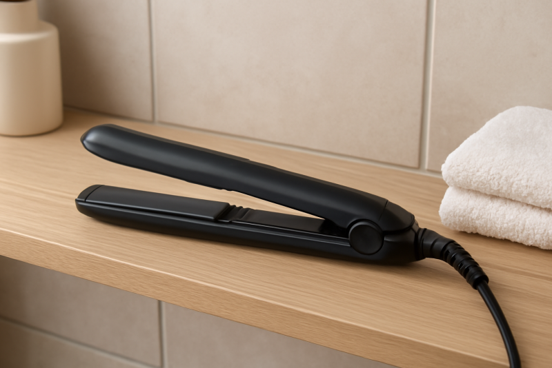 lisseur pose sur etagere de salle de bain
