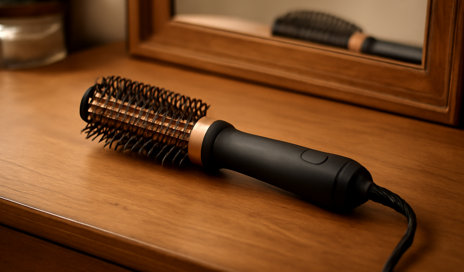 brosse chauffante posée sur coiffeuse