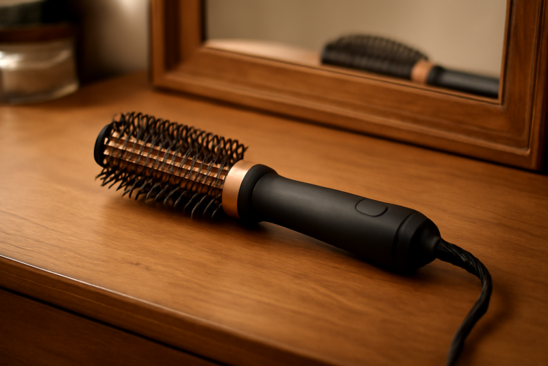 brosse chauffante posée sur coiffeuse