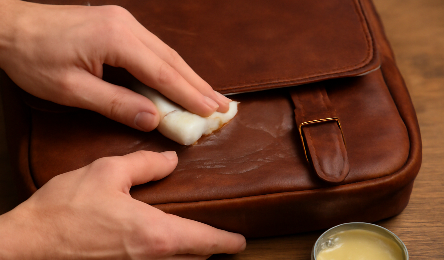 mains appliquant cire sur sac en cuir
