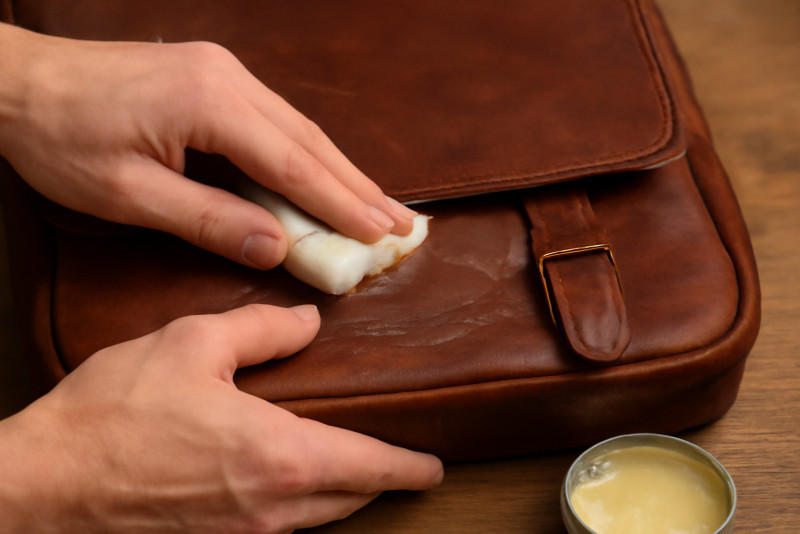 mains appliquant cire sur sac en cuir